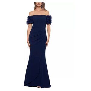 Navy Off-Shoulder Formal Gown With Ruffle Sleeve Detail By Xscape Size 4
